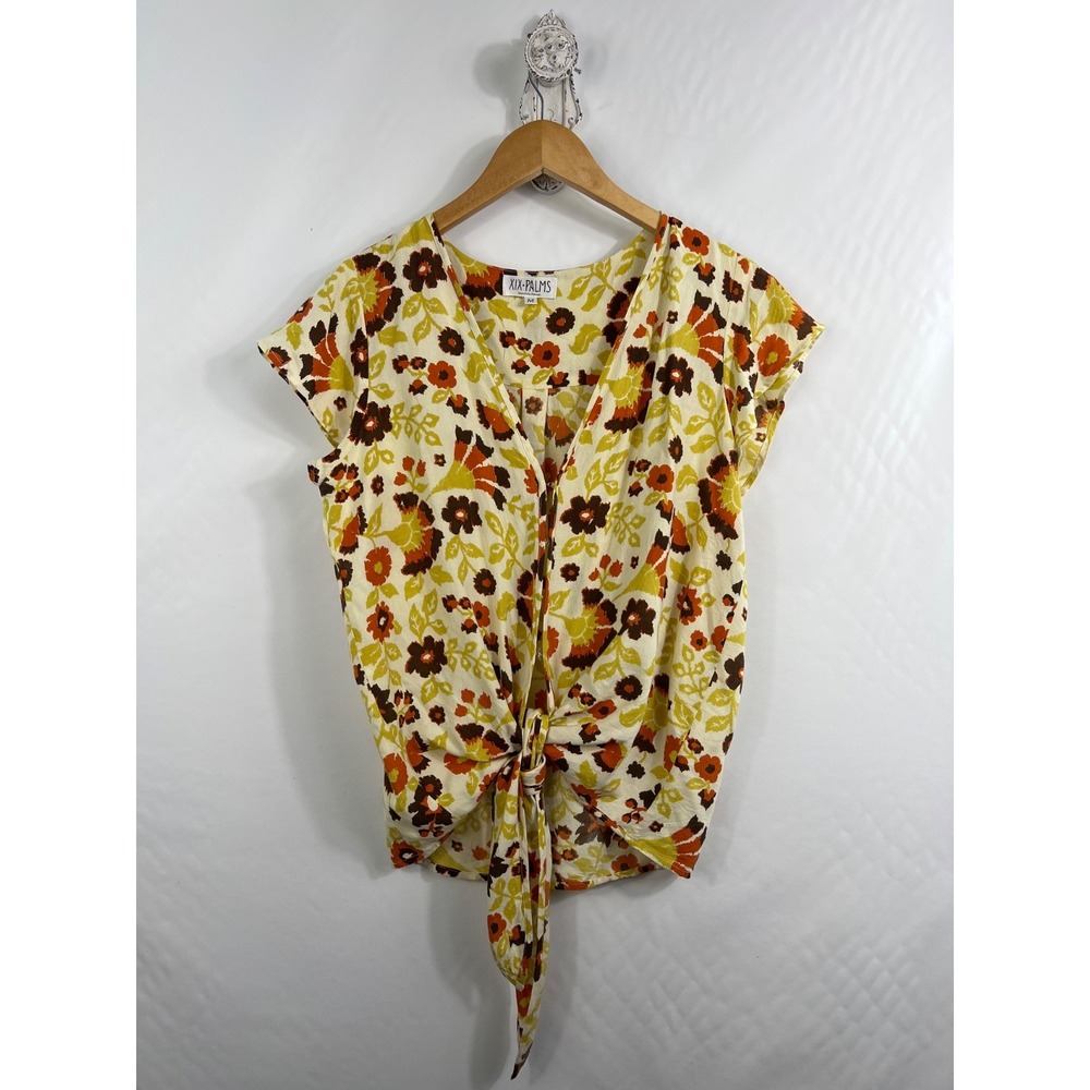 XIX Palms Tulum Floral Tie Front V-Neck‎ Rayon Blouse Yellow Orange Brown M